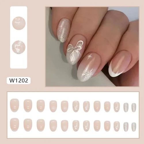 Vista 2 de 24 uñas postizas blancas francesas a presión cuadradas cortas – Uñas postizas de Navidad a presión, arco de copo de nieve, puntas de uñas postizas