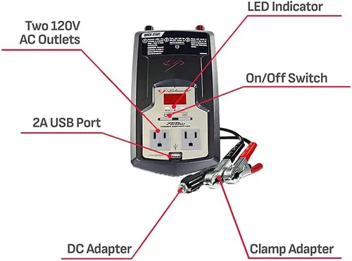 Vista 6 de Schumacher Electric Convertidor de corriente CC a CA, XI75DU, 750 vatios continuos, 1500 vatios de pico, 2 salidas de CA, puerto USB de 2 amperios