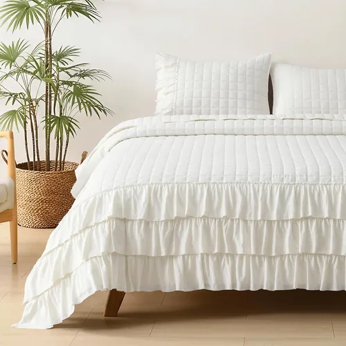 Vista 25 de HORIMOTE HOME Edredón beige con volantes, tamaño individual, microfibra lavada a la piedra, ligera, arrugada, rústica, desgastada, elegante, 2