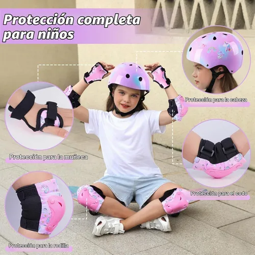 Vista 2 de Casco para niños, casco de bicicleta para niños pequeños con pegatinas DIY Unicornio, rodilleras y coderas ajustables, juego de protección para Rosa
