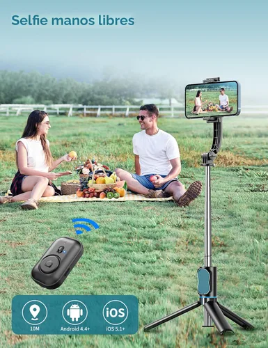 Vista 2 de Palo Selfie, Trípode para Teléfono Extensible de 41 Pulgadas con Soporte para Teléfono y Control Remoto Desmontable, Trípode para Selfie de 360°