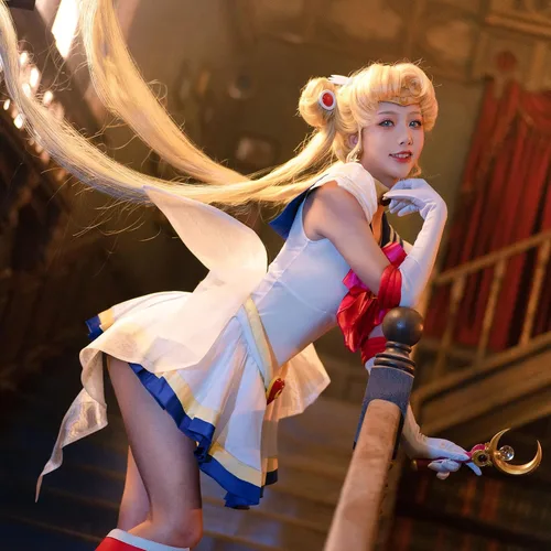 Vista 5 de MRHALLACG COS Anime Sailor Moon Usagi Tsukino SuperS - Vestido de combate para cosplay, disfraz de Halloween para niños y mujeres adultas