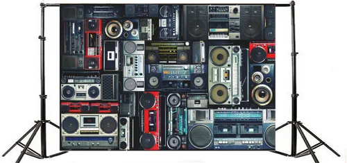 Vista 4 de AOFOTO Fondo de pared vintage de 5 x 3 pies de estilo retro de los años 80, amplificador nostálgico antiguo de música, audio antiguo, altavoz bajo