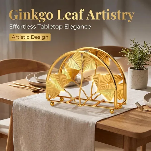 Vista 2 de Servilletero de hojas de ginkgo dorado para mesa, elegantes servilleteros para servilletas de papel, servilletero, servilleta de cóctel de una pieza
