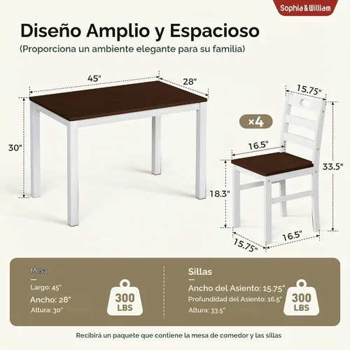 Vista 5 de Sophia & William Juego de mesa de comedor de 5 piezas para 4, juego de mesa y sillas de cocina de madera, mesa de comedor rectangular de 45 pulgadas
