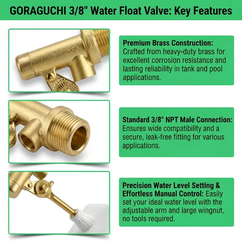 Vista 4 de Válvula de flotador de agua de 3/8 pulgadas, con brazo ajustable de latón, llenado automático y válvula de control de nivel de agua, para onds
