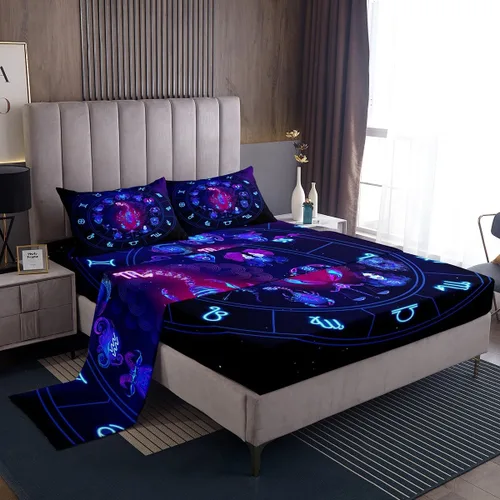 Vista 17 de Erosebridal Piscis - Juego de sábanas de tamaño individual de 12 constelaciones para niños, niñas, niños, niñas, niños, sábana bajera ajustable