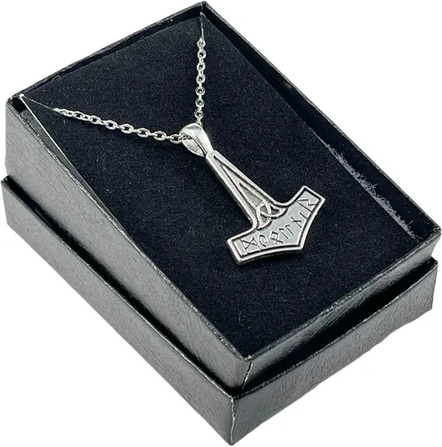 Vista 3 de Colgante Mjolnir de plata, martillo de Thor, collar de talismán vikingo nórdico con cadena de acero inoxidable