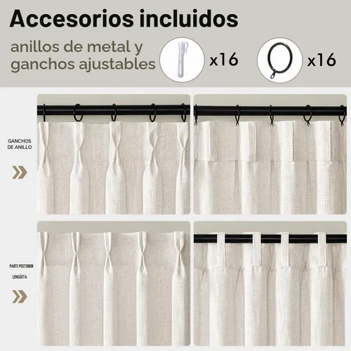 Vista 8 de MIULEE Cortinas de lino gruesas con pinzas plegadas de 96 pulgadas de largo, 2 paneles para sala de estar y dormitorio, cortinas de ventana Natural
