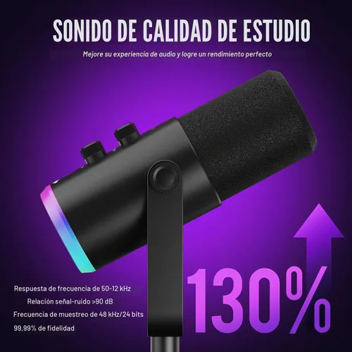 Vista 2 de Micrófono dinámico, USB-C/XLR para grabación de podcasts, grabación de podcasts, juegos y juegos con luz RGB, botón de silencio, soporte