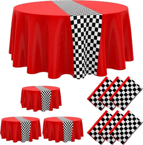 Vista 10 de Oudain 3 piezas de suministros para fiesta de cumpleaños de autos, decoraciones para fiestas de carreras, mantel redondo de carreras con bandera a
