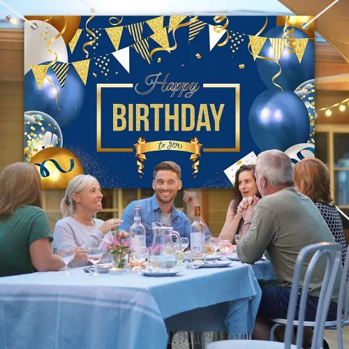 Vista 6 de Cartel de decoración de feliz cumpleaños, globos grandes azul marino y dorado, póster temático para niños, hombres y mujeres, cartel de celebración