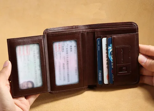 Vista 7 de Cartera de auténtica piel vacuna italiana con capacidad extra, doble pliegue, para hombre.