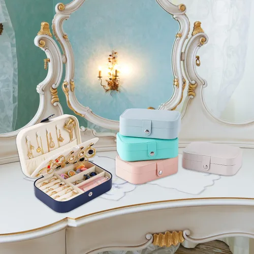 Vista 6 de Joyero de viaje, organizador de joyas pequeño de piel sintética para mujeres y niñas, mini estuche de viaje portátil de doble capa, cajas