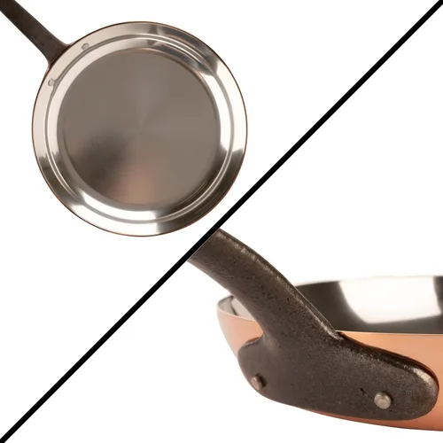 Vista 5 de Sartén de cobre estañado con mango de hierro fundido Sartén tradicional de cobre macizo con revestimiento de estaño Sartén fabricada en Francia