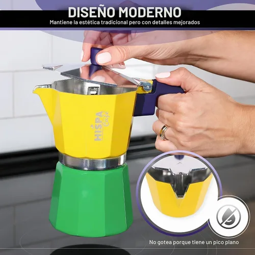 Vista 2 de Cafetera de café expreso para estufa, 3 tazas de café expreso (6 onzas), aluminio, plata, verde, azul y amarillo, con temática brasileña, cafetería
