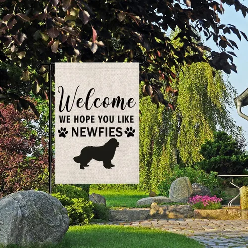 Vista 3 de PWHAOO Newfie - Bandera de jardín con texto en inglés "Welcome We Hope You Like Newfie", bandera de jardín de Terranova, regalos para amantes