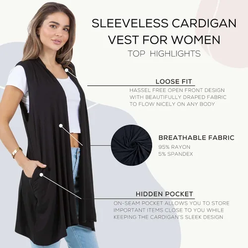 Vista 4 de Azules Cárdigan largo sin mangas para mujer con bolsillos, ligero frente abierto, capa elegante y fluida para el trabajo o uso casual