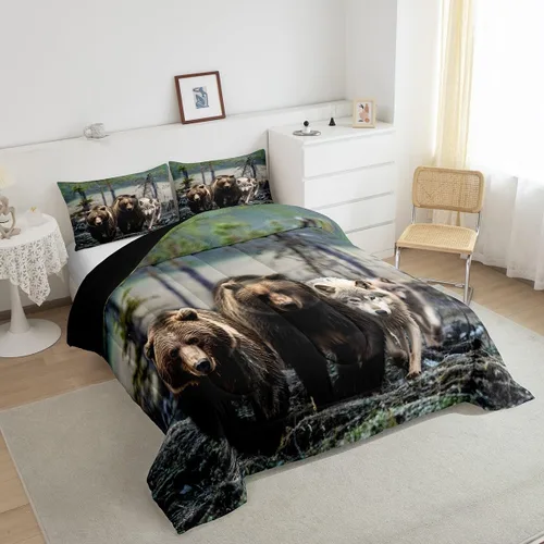 Vista 5 de Erosebridal Juego de edredón tamaño individual de animales del bosque, juego de ropa de cama de oso marrón para niños y niñas, edredón de plumón