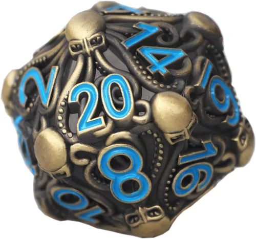 Vista 8 de Dados de metal D20 con diseño intrincado de pulpo, acabado antiguo y números rojos para Call of Cthulhu, RPGs-DNDWoW BZQR