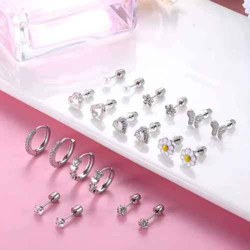 Vista 6 de YADOCA Juego de 10 pares de aretes hipoalergénicos para mujeres y niñas, de acero inoxidable con circonita cúbica, diseño de mariposa, con diseño