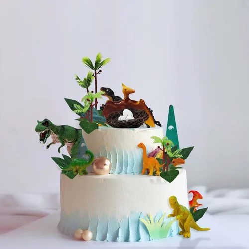 Vista 5 de 26 PCS Adornos para Tartas de Dinosaurio con Huevos de Dinosaurio, Hojas, Árboles, Decoraciones de Pastel para Cumpleaños, Temática de Dinosaurios