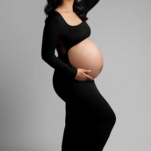 Vista 3 de AIFOTO Vestido de maternidad sexy expuesto vientre de manga larga sin espalda cuello cuadrado recortado vestidos de fotografía vestidos de sesión