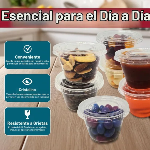 Vista 3 de Reli. Recipientes de condimentos de 4 onzas con tapas (100 juegos), ideales para salsa, soufflé, muestras, vasos de gelatina, plástico desechable