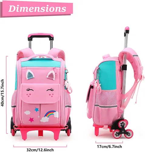 Vista 7 de Tanou Mochila rodante para niñas y niños, mochila ligera y transpirable, linda mochila con ruedas para viajes escolares, Viajar