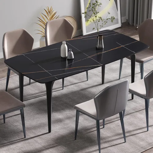 Vista 17 de Mesa de comedor de cocina de 63 pulgadas para comedor, cocina, comedor, espacio compacto con mesa de piedra sinterizada, 4 patas de metal negro