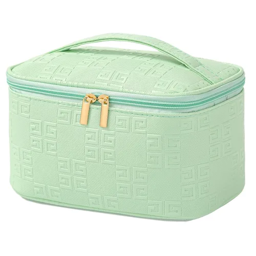 Vista 25 de Bolsa de maquillaje pequeña para mujeres, con cremallera, organizador, impermeable, bonita (azul claro)