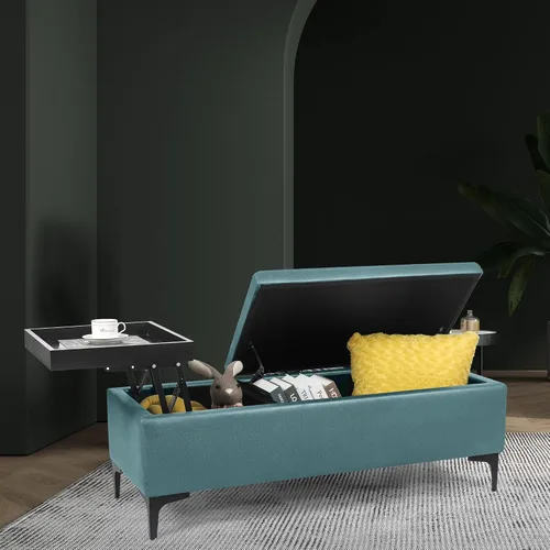 Vista 7 de Joveco Mesa auxiliar rectangular con bandeja elevadora, banco otomano de almacenamiento con patas de metal, banco tapizado en el extremo de la cama