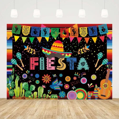 Vista 2 de Sendy Fondo temático de fiesta mexicana de 7 x 5 pies, decoración de fiesta de cumpleaños, carnaval mexicano, banderas coloridas, pancartas