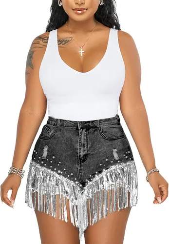 Vista 3 de LifeShe Pantalones cortos de mezclilla para mujer con cuentas de perlas de diamantes de imitación