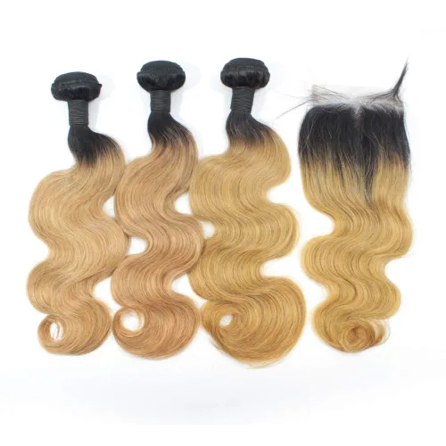 Vista 3 de 1B/27 rubio ombre brasileño virgen paquetes con cierres 4pcs lote cuerpo onda 12 con 10 pulgadas ombre encaje cierre con teje pelo