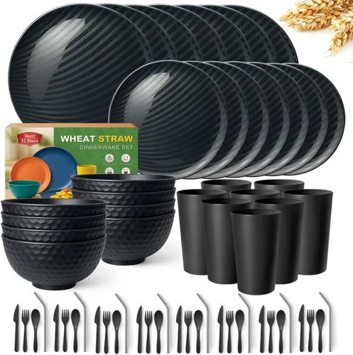 Vista 24 de Teivio Juego de vajilla de plástico de paja de trigo de 32 piezas para cocina, servicio para 8, platos, cuencos y tazas irrompibles, vajilla