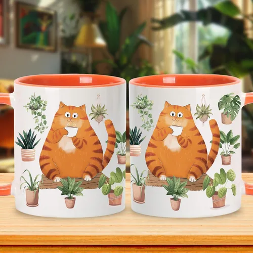 Vista 7 de Hyturtle Bonita taza de café de gato naranja, regalos de Navidad para mamá de gato, regalo de decoración de plantas para amantes de las plantas