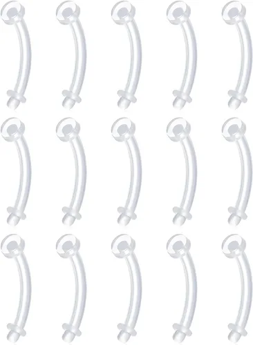 Vista 14 de FECTAS Aretes de plástico flexible transparente de 16G y 14G, anillos para cejas, barras curvadas, retenedores para piercing de vientre, 15