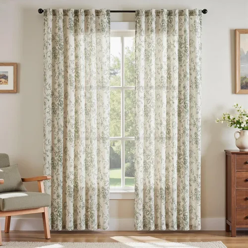 Vista 10 de Jinchan Cortinas de Mezcla de Lino con Estampado Floral para Sala de Estar, 84 Pulgadas de Largo, Cortinas con Bolsillo para Varilla y Tab Trasera