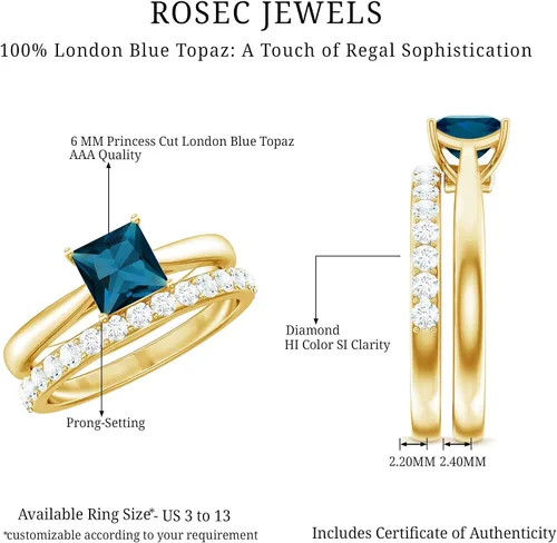 Vista 6 de Juego de anillos de boda de topacio azul Londres con diamante, juego de anillos solitarios de topacio azul de corte princesa para mujer (calidad AAA)
