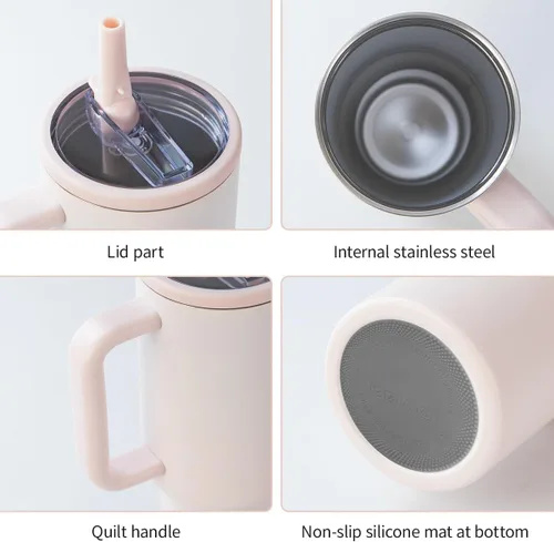 Vista 6 de Botella de agua de acero inoxidable de 40 onzas con asa, popote abatible, tapa y base de goma aislada - Tazón con aislamiento al vacío a prueba