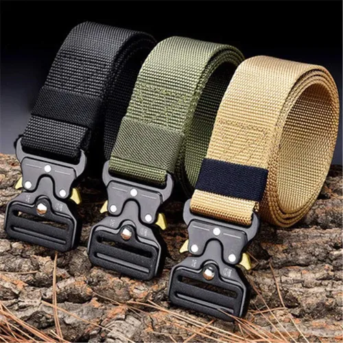 Vista 4 de Xiclass 2 cinturones tácticos, estilo militar, cinturón de nailon resistente con hebilla de metal de liberación rápida, 1.5 pulgadas de ancho y 4
