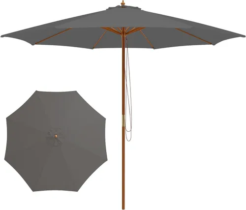 Vista 13 de Tangkula Sombrilla de patio de 9 pies, sombrilla de mercado de mesa al aire libre con 8 varillas de madera, 3 alturas ajustables, sistema de polea