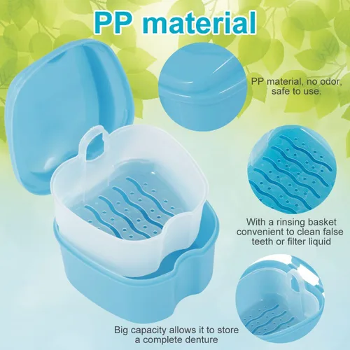 Vista 5 de Estuche de dentadura para dentadura postiza, caja de almacenamiento de dientes falsos con cesta de enjuague, caja de almacenamiento portátil