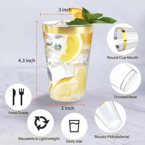 Vista 5 de Byvivace Vasos de plástico transparente de 12 onzas con borde dorado, resistentes y aptos para alimentos, desechables, copas de vino, copas de boda