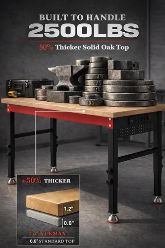 Vista 2 de Banco de trabajo resistente de 70 pulgadas, banco de trabajo de capacidad de carga de 2500 libras con parte superior de madera laminada de 1.2