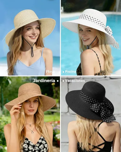 Vista 5 de Sombreros de paja Sun Beach para mujer, sombrero de ala ancha de verano 2-Beige