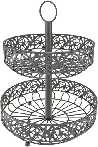 Vista 2 de Southern Homewares Cesta de frutas de metal negro de dos niveles, diseño decorativo adornado con detalle floral Shabby Chic y lazo para colgar