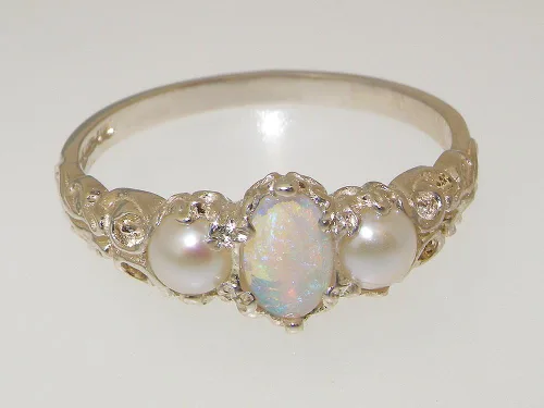 Vista 6 de Anillo de plata de ley 925 auténtico ópalo y perlas cultivadas para mujer