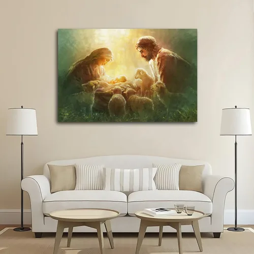 Vista 5 de FUZ María y José mirando al recién nacido Jesús Póster artístico en lienzo y arte para pared, impresión moderna, para dormitorio familiar, pósteres